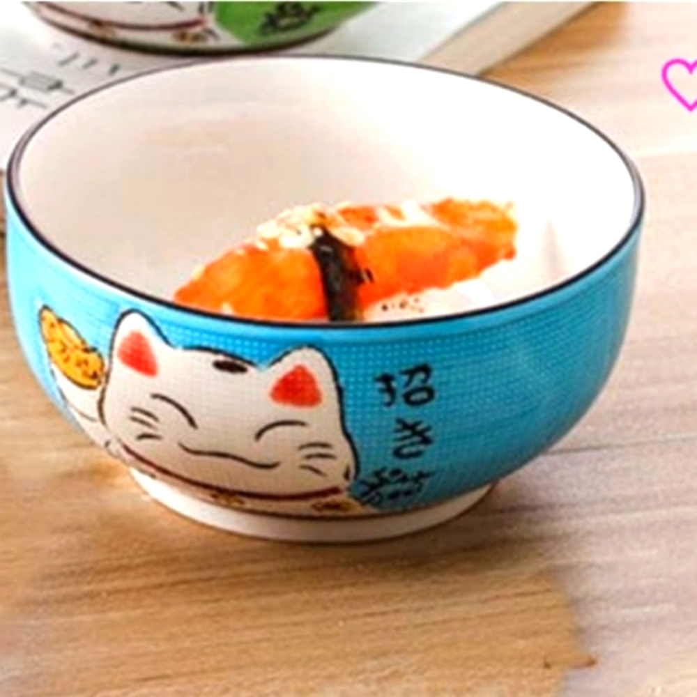 New*QiZhen Lucky Cat Japanese, Maneki  Noodle/Rice Bowl, Blue